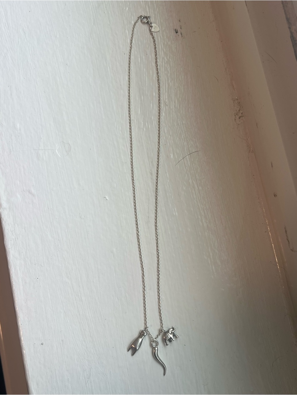 Me & Ro Silver Charm Necklace with Italian Mano Cortuno, Italian Horn & Elephant